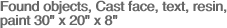 Found objects, Cast face, text,
